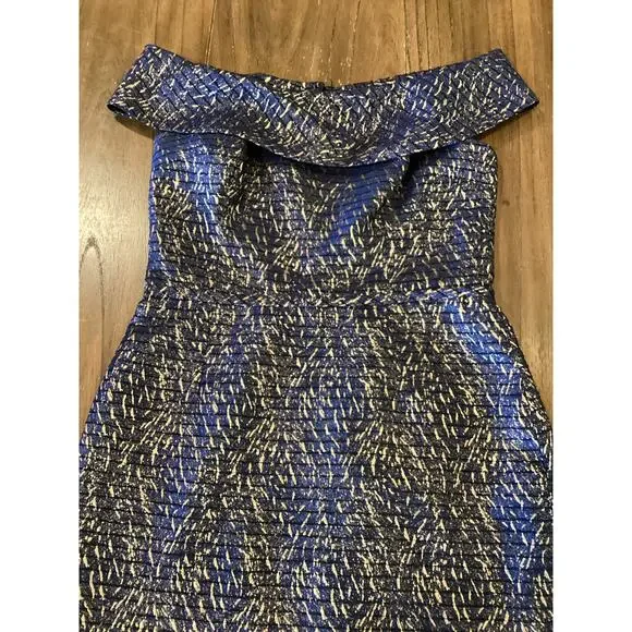 Teri Jon by Rickie Freeman Jaquard Stripe Off the Shoulder Sheath midi Dress 10 - Picture 2 of 9